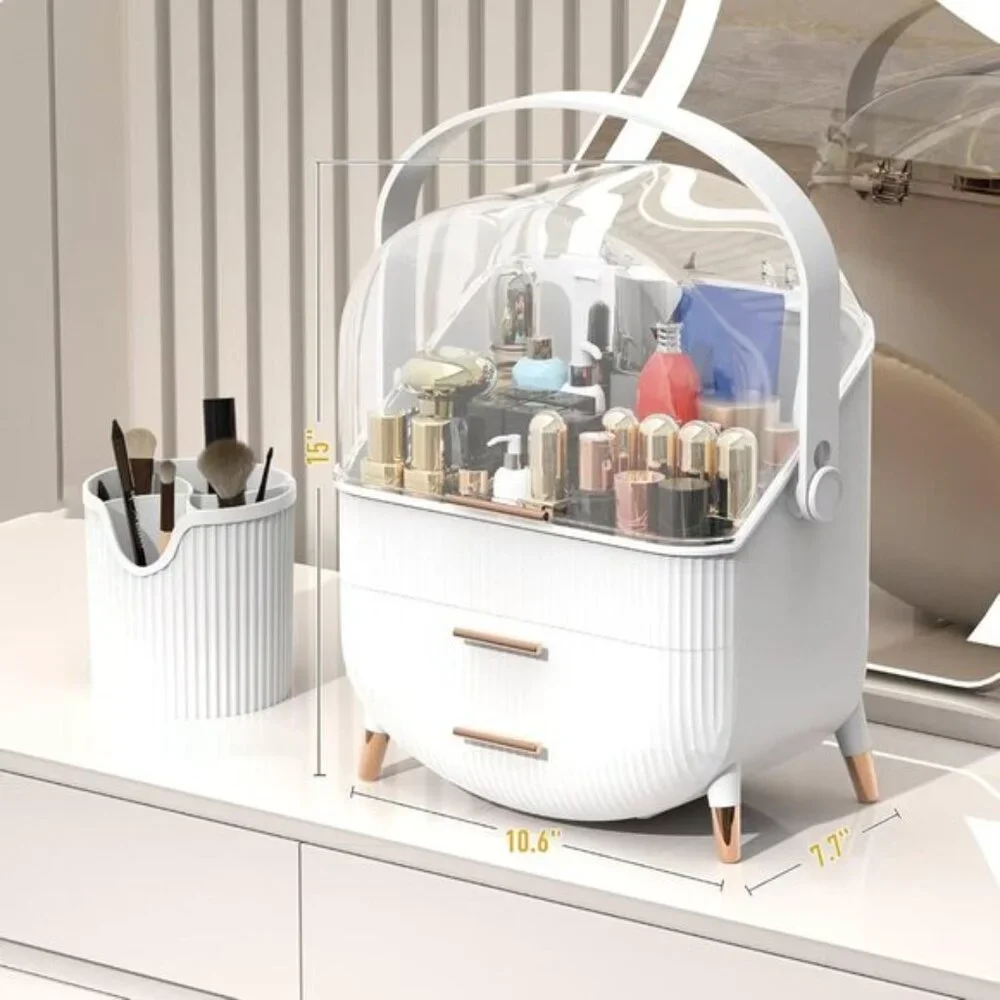 New Makeup Organizer with Lid & 2 Drawers, Large, Dustproof Vanity Storage Box